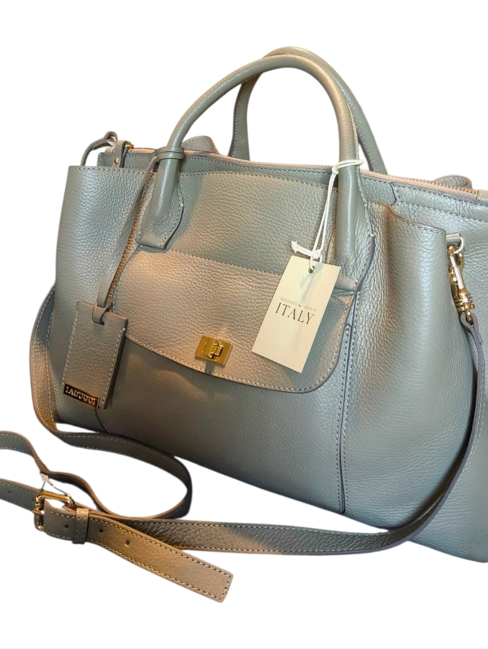 Iacucci Taupe Italian Leather Structure Satchel Tote with Strap and Dust Bag NWT - Picture 2 of 12